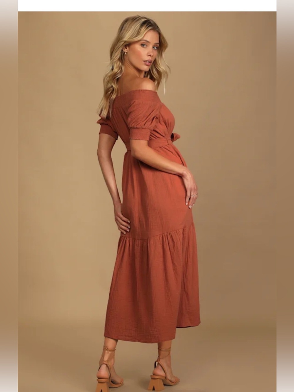 Lulus Ready For Sunshine Rust Orange Off-the-shoulder Maxi Dress - Size Small - Picture 4 of 7
